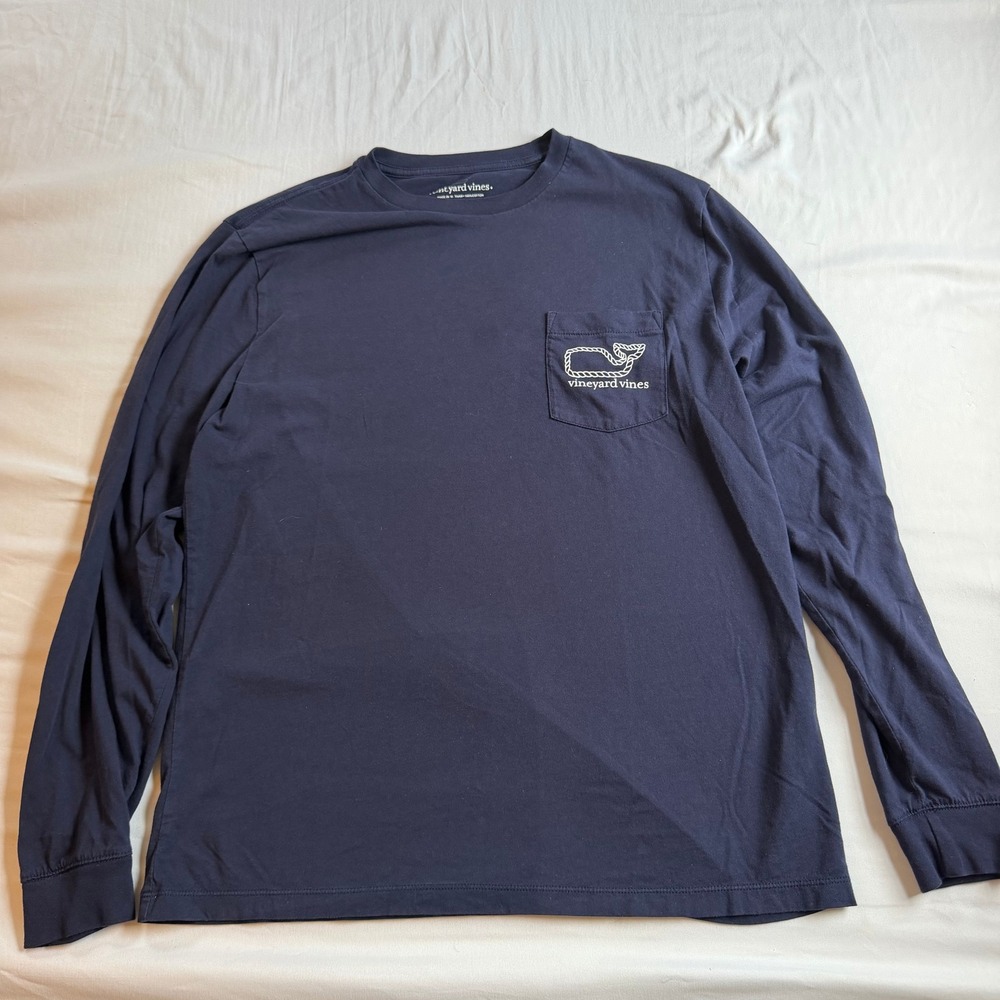 Vineyard Vines Men Medium Navy Blue American Flag Whale Long Sleeve T-Shirt